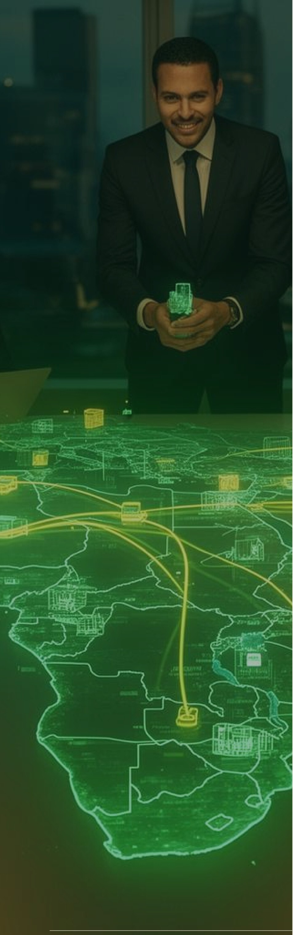 Executive holding a glowing holographic building model in front of a digital network map of Africa