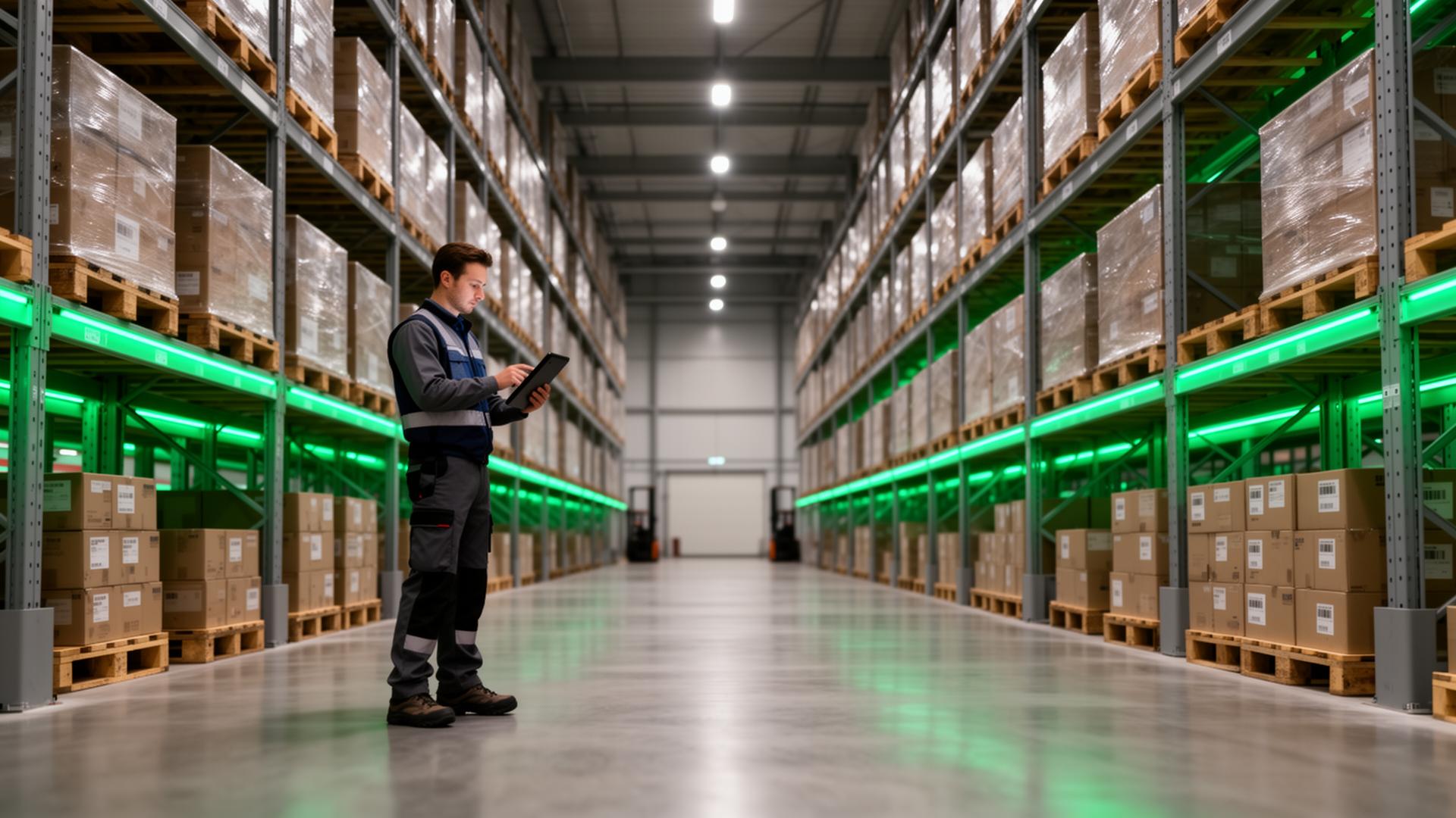 Logistics operator with a tablet inside a modern high-bay warehouse with green LED-lit racking