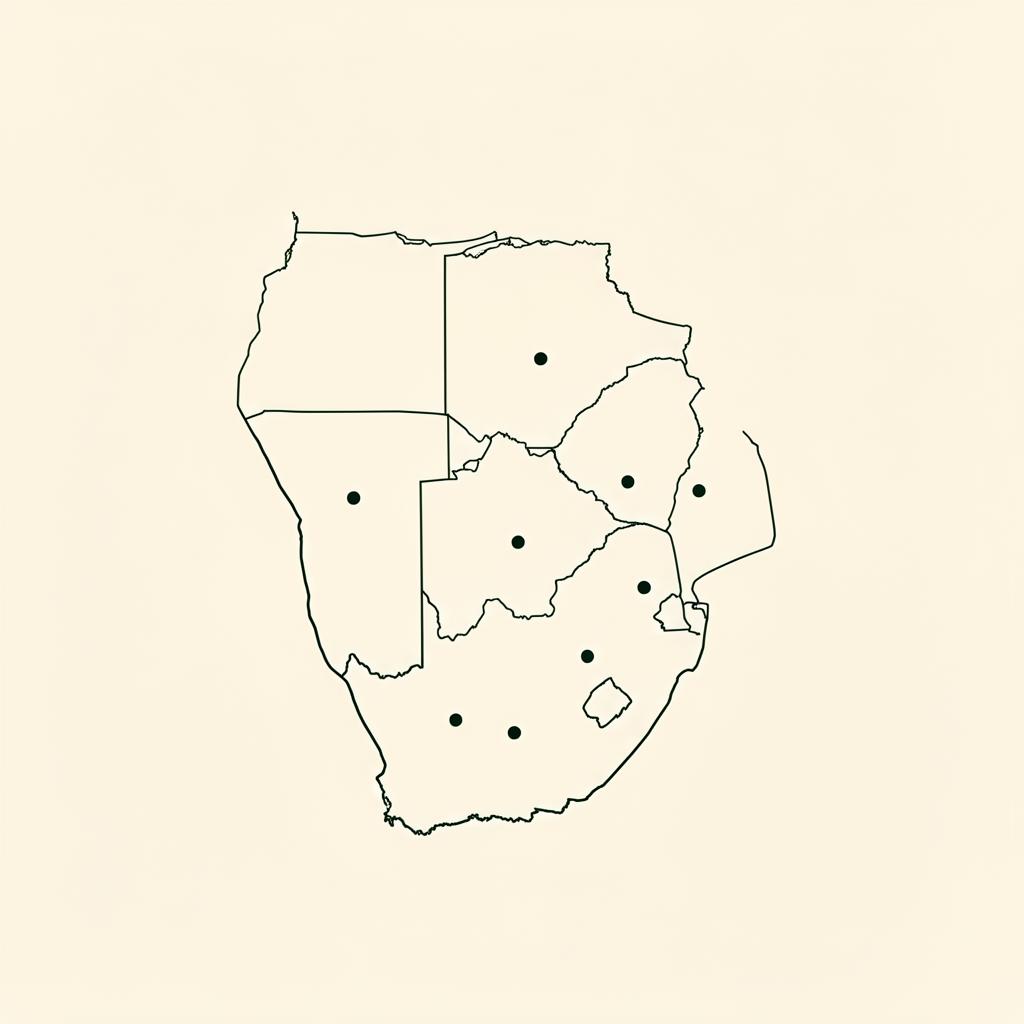 Stylised outline map of South Africa with branch locations marked across nine provinces